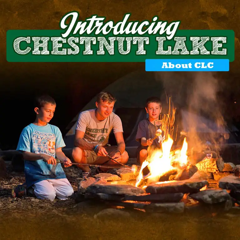 Introducing Chestnut Lake Camp mobile graphic featuring campfire and community moments