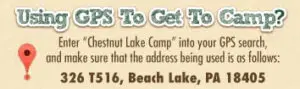 GPS directions button for navigating to Chestnut Lake Camp in Pennsylvania